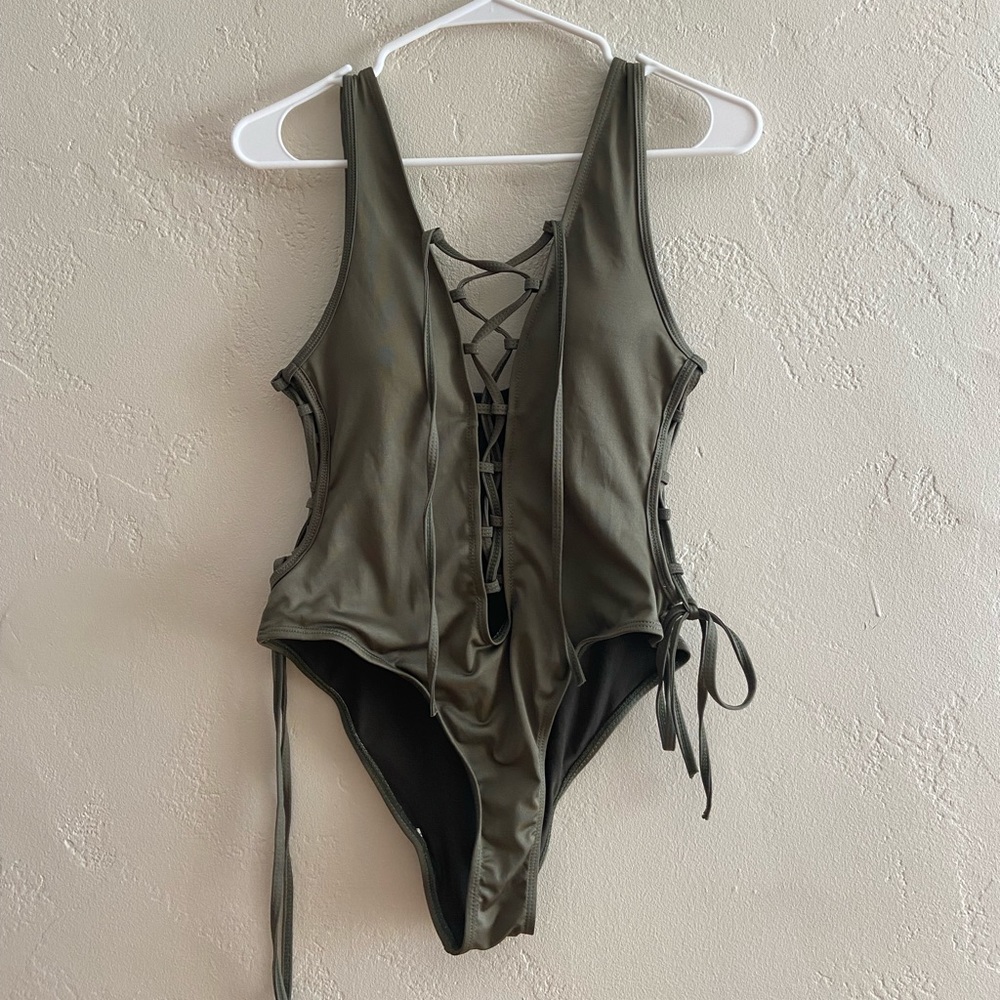 Olive Lace Up One Piece Bathing Suit